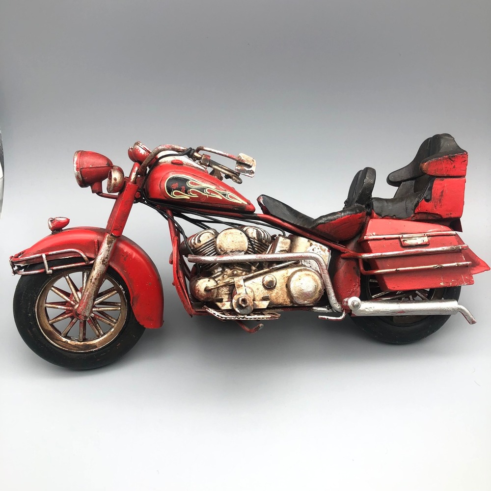 Vintage Style Red Metal Motorcycle Sculpture Cruiser Model Flames 11.5 Inch